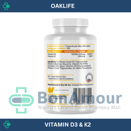Oaklife Vitamin D3 Plus K2 x 100 Capsules