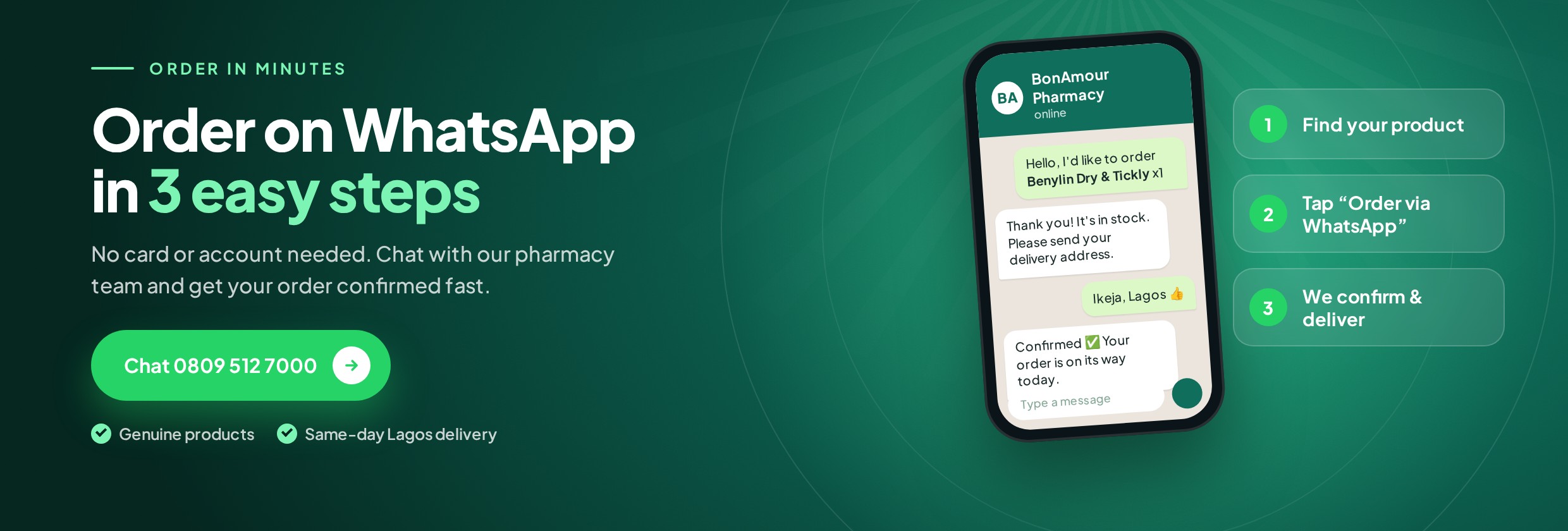 Order on WhatsApp in 3 easy steps: no card or account needed. Chat with our pharmacy team.
