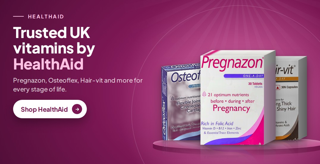 Trusted UK vitamins by HealthAid, including Pregnazon, Osteoflex and Hair-vit